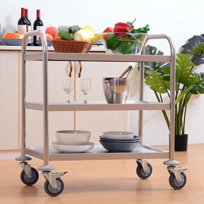 3 Tier Stainless Steel Kitchen Trolley Cart,Serving Kitchen Trolley Kitchen Cart with Locking Wheels,Catering Storage Trolley Island Utility,for Hotels Restaurants(Multi-Colored-85X45X90Cm)-1I4vJGEg