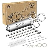 Auslaufsicher und robust für viele Jahre: Metallisches Material aus 100 % kulinarischer Edelstahl- / Zink-Legierung (eine kleine schwere Injektionsspritze); robuste Truthahn-Injektionsnadeln, um die härtesten Fleisch- oder Geflügelstücke leicht zu durchstechen; Silikon-Backpinsel für hohe Koch- / Grilltemperaturen.