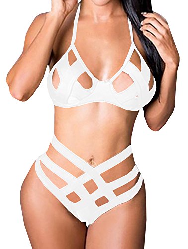 Bigyonger Women's Spaghetti Straps Bandage Bikini Suit Sexy Hollow Out Swimsuit, White, Small