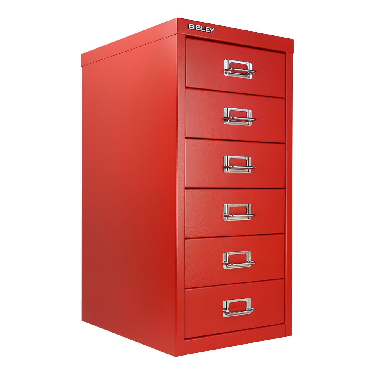 Bisley 6-Drawer Steel MultiDrawer Cabinet - Cardinal Red, Chrome Pull Handles with Label Holders, Powder-Coated Steel, Removable Drawers, Fits Under Most Desks, Labels Included