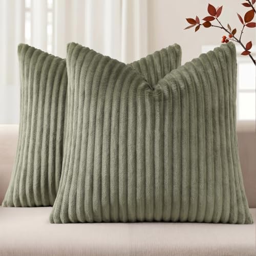 Simmore Fall Soft Olive Green Flannel Throw Pillow Covers 24X24 Set of 2