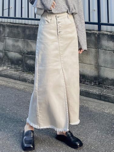 Image of GRECIILOOKS Women's High Waist White Denim Skirt with Front Slit - Long Maxi Jean Skirt Casual Fashion - Stylish Denim Skirts for Women