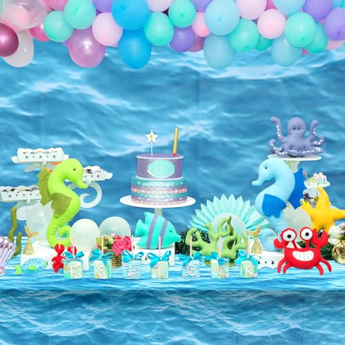 Image of Irenare 16 Pieces Ocean Plastic Tablecloth 54 x 108 Inch Blue | Water Waves Print, Disposable Table Cover for Under the Sea Theme Decoration Beach Pool Party, Birthday Baby Shower Supplies