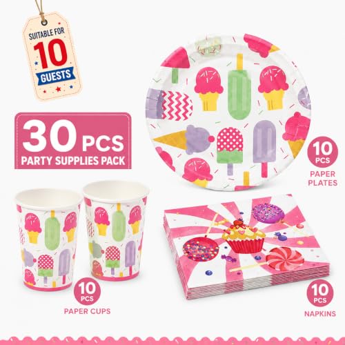Image of Rozi Decoration 30 Pcs Ice Cream & Candy Theme Party Supplies - Includes 10 Dessert Plates, 10 Paper Cups, 10 Napkins - Fun & Colorful Birthday Party Tableware Set | Ice Cream Theme Birthday Supplies