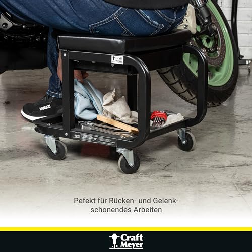 Craft Meyer Werkstatt Rollsitz, robuster Werkstatthocker mit Werkzeugablage, großer Schublade, 360 Grad drehbar, belastbar bis 100 KG