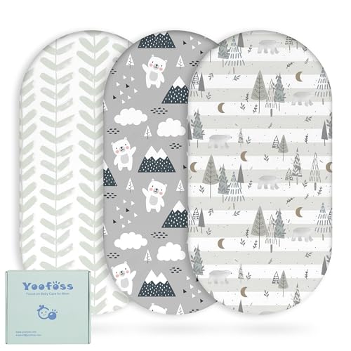 Image of Yoofoss Bassinet Sheets for Baby,3-Pack Fitted Bassinet Sheets Set Compatible with Halo Bassinest Swivel Sleeper,Baby Delight,Angelbliss,Soft Breathable Bassinet Mattress Sheets(Grey+Bear)