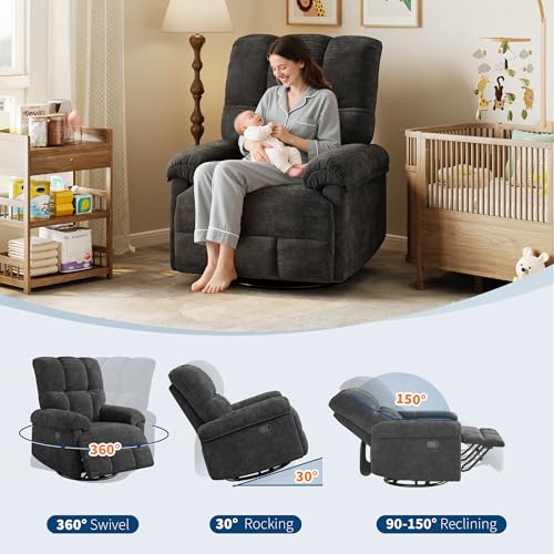 Image of GarveeHome Recliner Chair, 360 Swivel Rocker Glider Nursery Chair with Padded Armrest and Deep Seat, Chenille Upholstered Reclining Sofa Chair for Living Room, Bedroom and Nursery (Black)