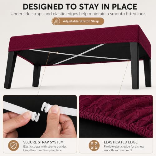 Image of Street27 High Stretch Jacquard Dining Bench Cover Elastic Chair Covers - Anti-Dust Removable Bench Slipcover Washable Bench Seat Protector Cushion Cover for Living Room, Bedroom, (Wine Red)