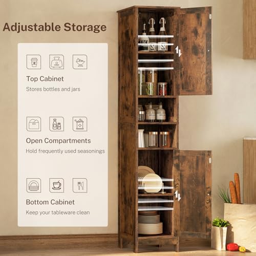 Image of TEENFON 67 inch Tall Bathroom Cabinet with 2 Adjustable Shelves and 2 Doors, Narrow Bathroom Storage Cabinet for Small Space, Living Room, Entryway, Kitchen, Rustic Brown