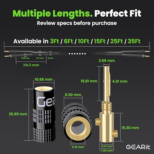 GEARit 14 Gauge OFC Speaker Wire with Banana Plugs 25 ft CL2 Rated,Speaker Cable 14 AWG with Gold-Plated Connectors for Bi-Wire/Bi-Amp Speakers,Bookshelf,Center Channel,Wall Plate & Passive Subwoofer