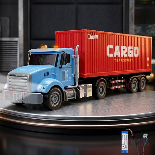 Image of VikriDA Remote Control Container Truck Toy for Kids, 2.4GHz RC Cargo Transport Truck with LED Lights & Sound Effects, USB Rechargeable Battery