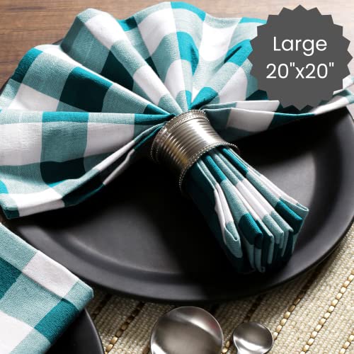 Cotton Clinic 20X20 Gingham Buffalo Check Cloth Dinner Napkins Pack Of 12, 100% Cotton Cocktail Napkins, Wedding Dinner Napkins With Mitered Corners And Generous Hem - Teal Green White #TOP3