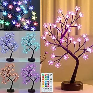 Pooqla Valentines RGB Cherry Blossom Tree Light with Remote 16 Color-Changing LED Artificial Flower Bonsai Tree， Pink…
