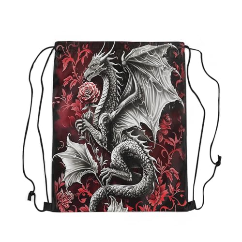 Image of jejeloiu Medieval Fantasy Dragon Drawstring Backpack 13x15.7inch Red Rose Waterproof Gym Drawstring Bags Damask Print Sports String Backpack Beach Swim Travel Bag Sackpack