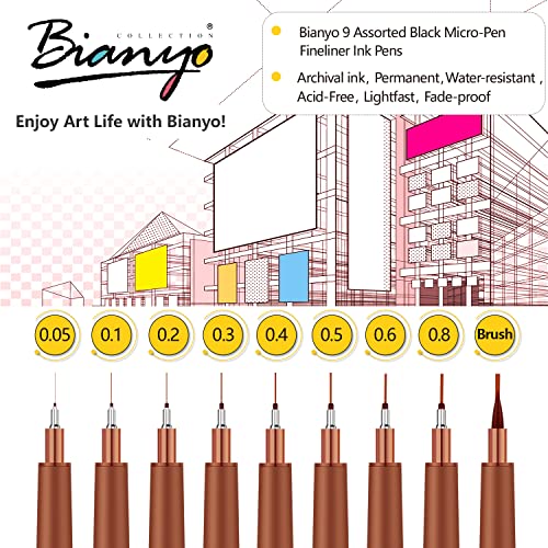Bianyo Sepia Pigment Ink Micro-Pen Fineliners, 9 Assorted Sizes With A Zipper Pouch, Water-Resistant Archival Ink Pens For Drawing, Sketching, Bullet Journaling, Note-Taking, Accounting, Handwriting #TOP4