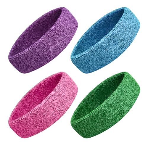 Image of Sweatbands Sport Headbands for Men & Women, 4 Pcs Sweat Head Bands Moisture Wicking Sport Headband Cotton Sweatbands for Basketball, Athletic Exercise, Football, Yoga