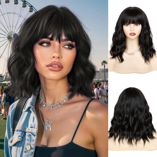 NAYOO Black Wig with Bangs, 14 Inch Black Bob Wig with Bangs for Women, Shoulder Length Short Black Wig for Daily Party Use