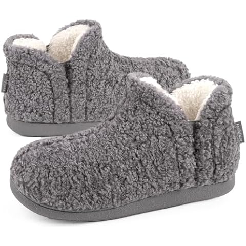 FamilyFairy Bootie Slippers for Women Warm House Shoes Memory Foam Indoor Outdoor Fuzzy Boots with Rubber Sole(7-8, Grey) Cover