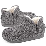 FamilyFairy Bootie Slippers for Women Warm House Shoes Memory Foam Indoor Outdoor Fuzzy Boots with Rubber Sole(9-10 Grey)
