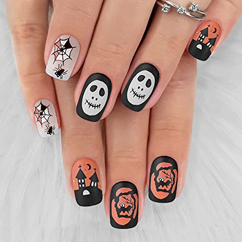 Halloween Matte Short Press on Nails with Designs,Spider Grimace Stick on Nails for Women,Square Acrylic Nails Press on,Full Cover Fake Nails for Halloween Nail Art DIY Decoration,24PCS