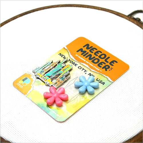 Image of Awesome Pattern Studio Needle Minder Set - New York Magnetic Needle Minder + 2 Needle Threaders. Enamel Pin for Cross Stitch, Embroidery and Craft