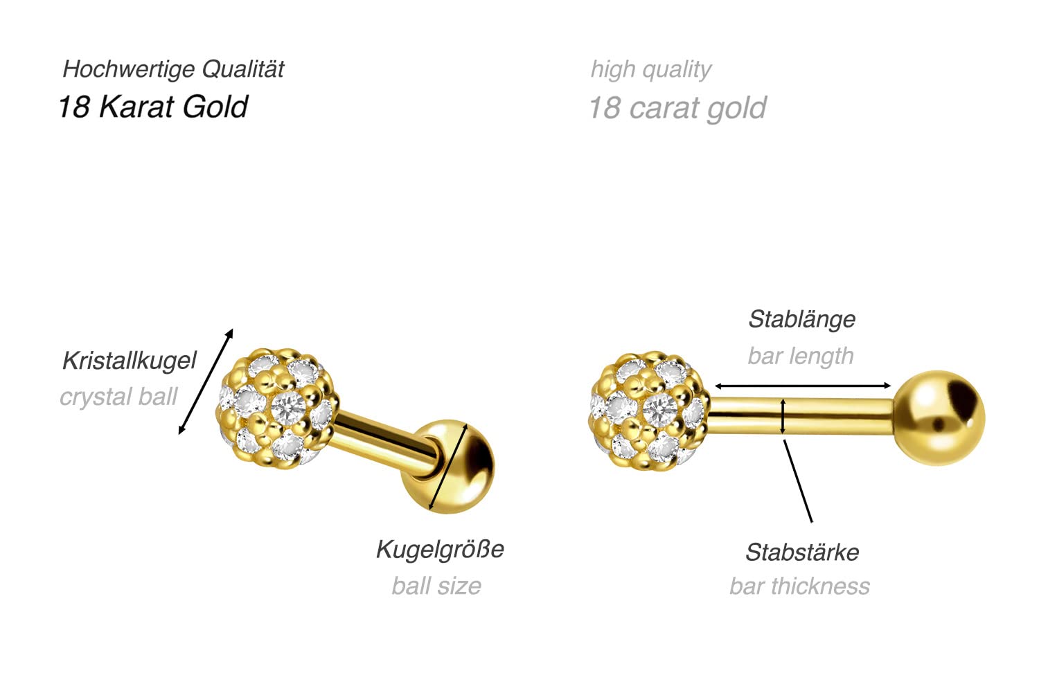 PIERCINGLINE 750er GOLD Ohrpiercing | 18 KARAT | KUGEL + KRISTALLE | Piercing Tragus Helix Conch | Farbauswahl
