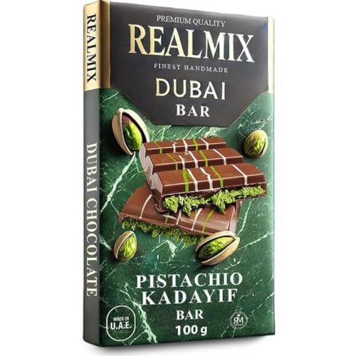 REALMIX Chocolate con Leche Dubái directamente desde Dubái EAU | Auténtico chocolate con leche Dubái con pistachos y relleno de Kunafa | Fabricado en Dubái E.A.U. | (Medium, Milk Chocolate)