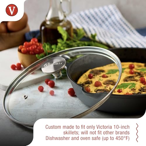 Image of 9.5-Inch Glass Lid for Victoria Round 10-Inch Cast Iron Skillet or Pan, Custom Made for Only Victoria Brand, Internal Diameter 9.5-Inch, External Diamter 10 Inch