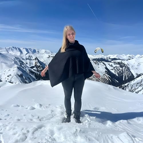 BURI Damen Poncho Schwarz | Weicher Fleece Überwurf in Einheitsgröße | Leicht, Pflegeleicht & Stilvoll | Ideal für Frühling, Herbst & laue Sommerabende | Maschinenwaschbar bei 30 °C