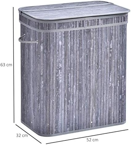 HOMCOM 100L Wooden Laundry Basket w/ Split Compartment Lid Removable Lining Handles Air Holes Ventilation Foldable Durable Water-Resistant Dirty Clothes Storage Home Organisation Grey