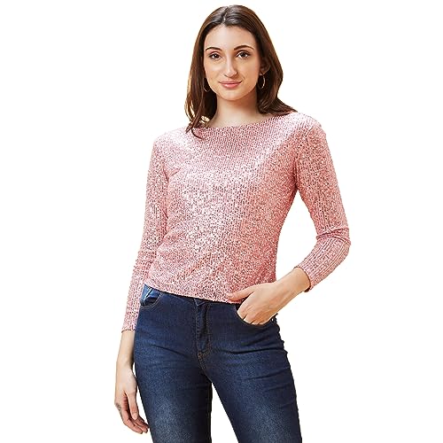 Image of Globus Women Pink Sequinned Stripes Embellished Boat Neck Party Top-3639518001