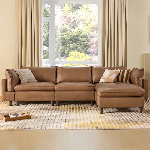 Image of CHITA 127 inch Super Large Sectional Couches for Living Room, Modular Cloud Couch Sectional Sofa, Premium Genuine Leather Sofa, Down Filled, High Density Foam, Real Leather in Saddle, 4 Seat L Shaped