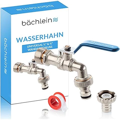 Bächlein Universal Wasserhahn für den Garten [blau] inkl. 2 Schlauchanschlüssen - edler Kugelhahn mit 1/2 und 3/4 Zoll Anschluss, Auslaufhahn aussen Cover
