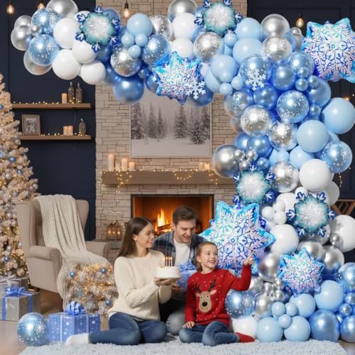 Image of Snowflake Balloon Arch Garland Kit 182pcs, Frozen Balloon Arch Kit Silver Blue White Wonderland Balloons for Winter Wonderland Christmas Baby Shower Snow Princess Birthday Party Decorations