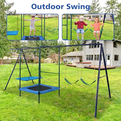AOKUNG 5 in 1 Swing Set with Belt Swing, Hammock Swing, Trampolone,Basket Rim for Backyard