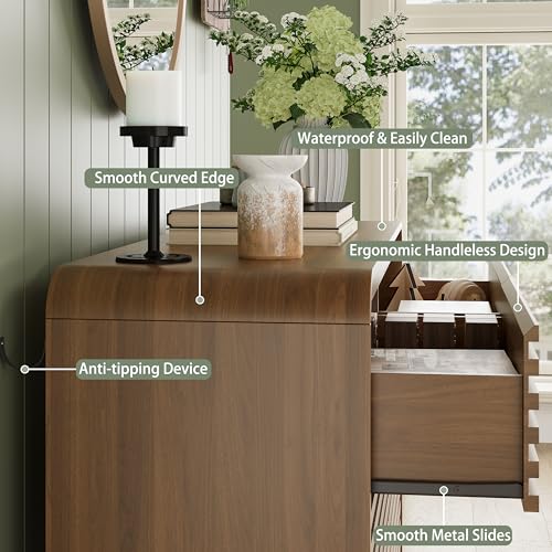 Image of 6 Drawer Dresser for Bedroom, 47 inch Wide Fluted Dresser with Curved Edge and Ergonomic Handleless, Large Wooden Clothes Storage Organizer, Modern Chest of Drawers for Closet, Living Room, Walnut