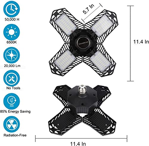 Kaq Led Garage Light 200W 20000Lm Deformable, 6500K Garage Ceiling Lights With 4 Panels For E26 E27 Lampholder, Super Bright Garage Lighting Shop Work Lights, Metal Aluminum Alloy Shell Easy To Heat #TOP3