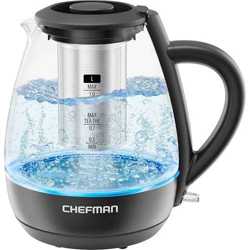 Chefman Electric Kettle with Tea Infuser, 1L 1500W, Removable Lid for Easy Cleaning, Boil-Dry Protection, Stainless Steel Filter, BPA Free, Auto Shut Off Hot Water Boiler, Small Electric Tea Kettle