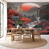 Carta Da Parati Fotografica Acero Rosso Case Di Legno Monte Fuji 200x140cm, Seta Paesaggio Ispirato Allo Zen Giapponese Murale Fotografico Decorazione per Soggiorno Camera De Letto Sala Ufficio, Rosso