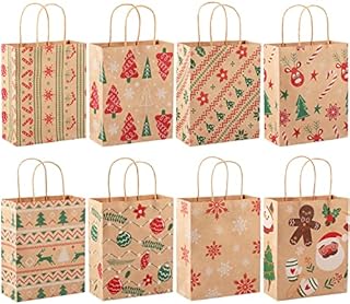 24pcs Christmas Kraft Gift Bags, Christmas Paper Bags with Handles for Gifts Sweets Party Supplies Decor, Medium Assorted Christmas Goody Treat Candy Bags with 8 Designs, 9" x 7.3" x 3.3"