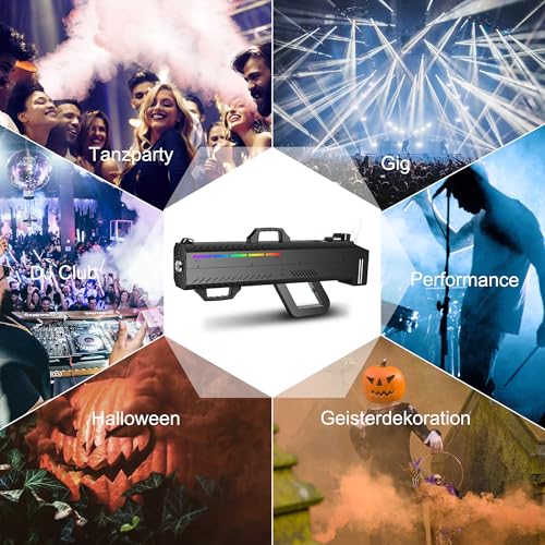 Telbum Nebelmaschine 1500W Party Gun mit 6 LEDs, Handheld Nebelmaschine mit Ständer/Gurt Dual Use, Timerfunktion, Fog Machine für Halloween Party, DJ Disco Bühne Hochzeit