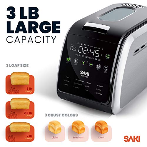 Saki 3 Lb Large Bread Maker Machine, 12-In-1 Programmable Large Bread Machine, With Nonstick Ceramic Bread Pan & Large Digital Touch Panel, 3 Loaf Sizes With 3 Crust Colors Options, Keep Warm Mode #TOP1