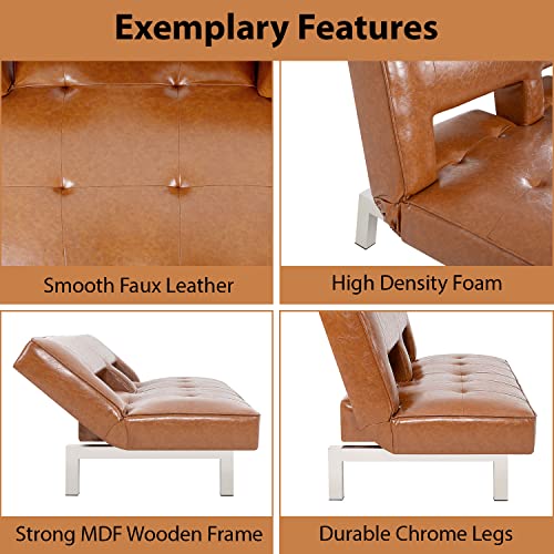 Astrid Futon Sofa Bed Faux Leather Futon Couch Modern Convertible Folding Sofa/Bed Couch With Chrome Legs Reclining Mini Coach Leather Futons Small Couch For Bedroom Living Rooms, Office - Caramel #TOP4