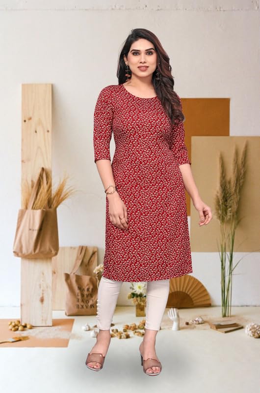 Image of JAKHANA Women's Crepe Printed Casual Straight Calf Length Round Nick Kurta Pack of 4