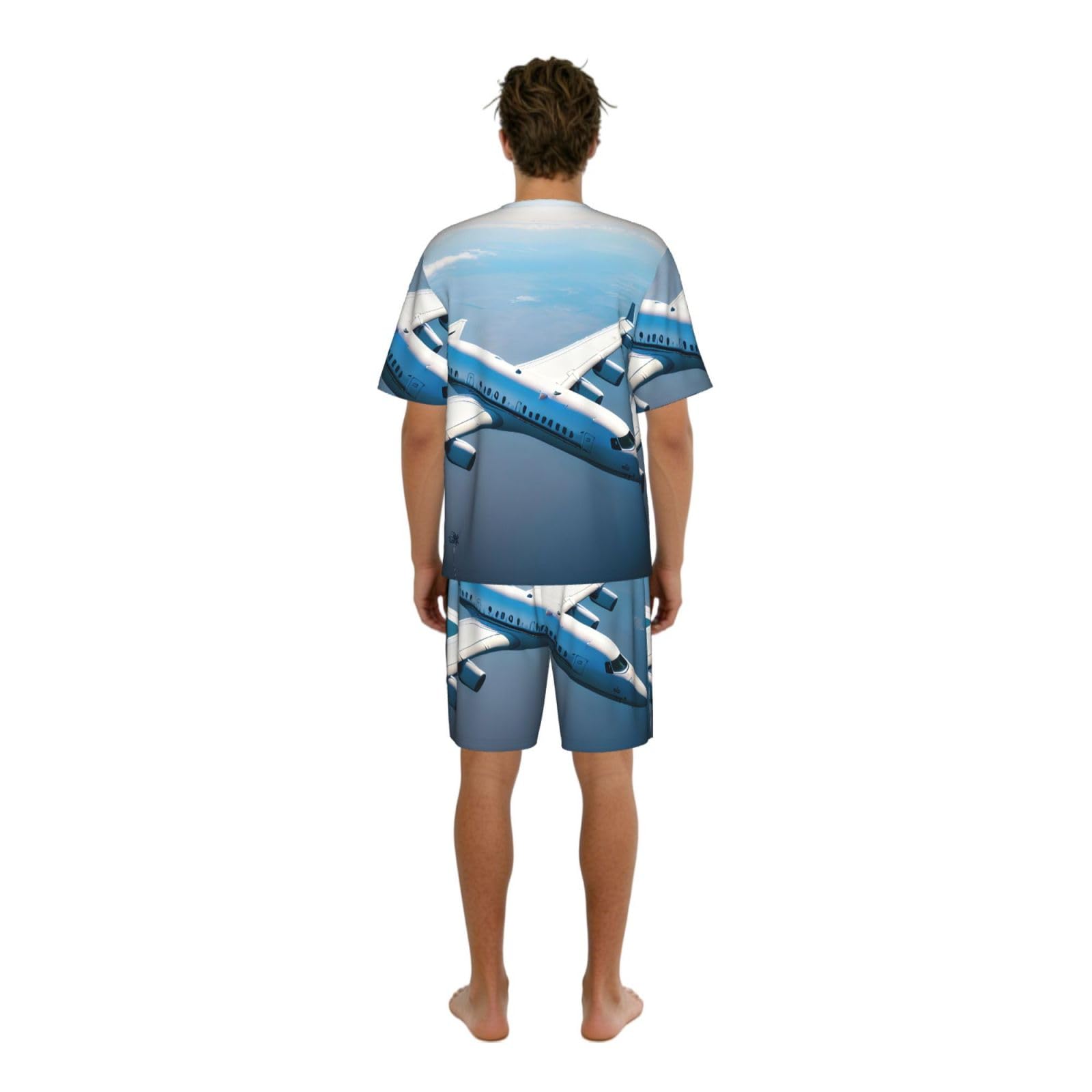 Conjunto de pijama clásico con estampado de aviones para hombre, pantalones cortos de pijama suaves para hombre, perfecto para las noches de verano