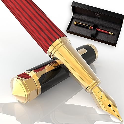 Ellington Pens Luxury Fountain Pen Set- Fountain Pens for Writing - Smooth Medium Nib - Includes Refillable Ink Converter, 3 Ink Cartridges [Black & Blue], Gift Box - Elegant Calligraphy