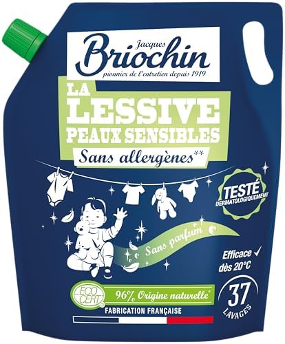 JACQUES BRIOCHIN - Recharge lessive spécial peaux sensibles - Sans allergènes - Testé dermatologiquement - Efficace dès 20°C - Sans parfum - Fabrication Française - 37 lavages - 1,7L