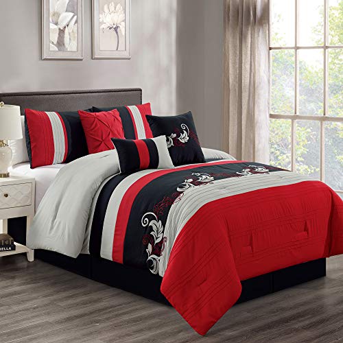 Chezmoi Collection Napa 7-Piece Luxury Leaves Scroll Embroidery Bedding Comforter Set (Full, Red/Gray/Black)