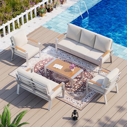 Aluminum Patio Furniture Set Oversized, Light Metal Outdoor Conversation Sets 5 Pieces with Coffee Table,Curved Armrests, Olefin Cushions,Cast Sectional Sofa Chairs for Balcony,Porch,Backyard,Beige