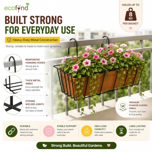 Image of ecofynd 2 Pack 16 Inches Metal Hanging Flower Pot Stand For Railing Planters, Gamla Stand Pot Holder for Balcony Decoration Items Outdoor, Plant Stands for Balcony, Flower Pot Stand Indoor (PS054-BLK)